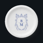 Crest gepersonaliseerde bruiloft Monogram Papieren Bordje<br><div class="desc">Elegant bord met een blauw bloemenkam. Eenvoudig te bewerken met uw initialen.</div>