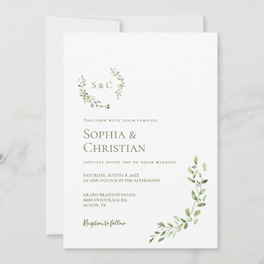 Crest groen Waterverf krans monogram bruiloft Kaart (Voorkant)