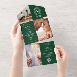 Crest Initiaal 3 Foto RSVP Emerald Green Wedding All In One Uitnodiging