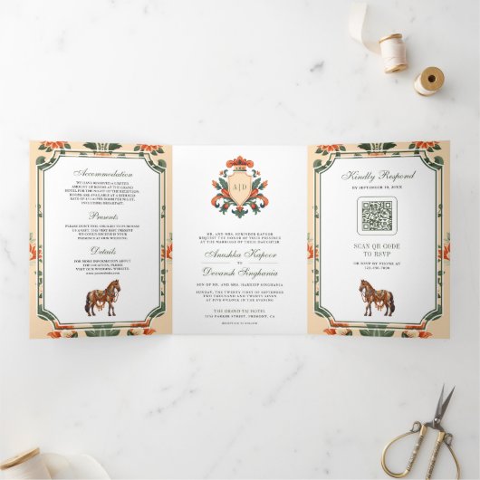  crest koninklijk paard indiase hindoe bruiloft drieluik uitnodiging (Binnen)