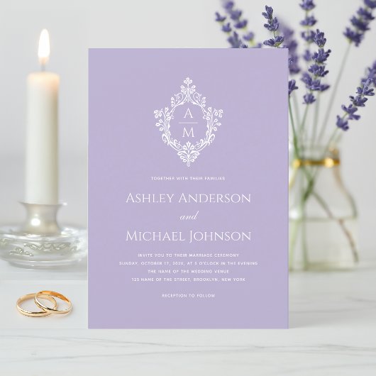 Crest Lavender Elegant Trouw Monogram Formeel Kaart