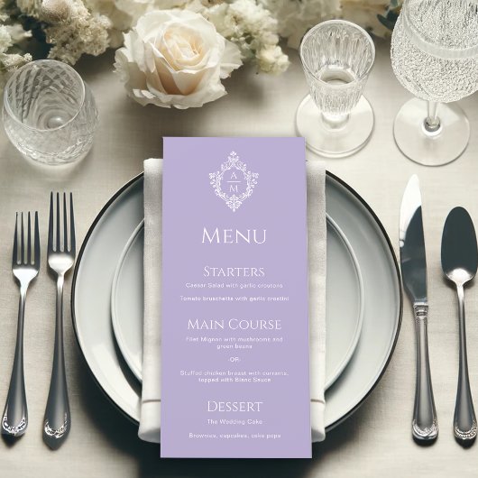 Crest Lavender Huwelijks Vintage Paars Monogram Menu