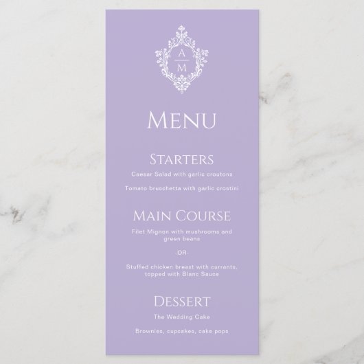 Crest Lavender Wedding  Paarse Monogram Menu (Voorkant)