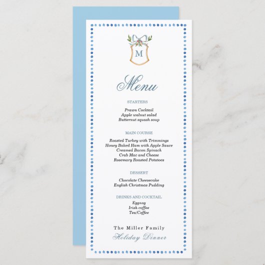 Crest met monogram Blauwe & Witte Vakantie Menu (Voorkant / Achterkant)