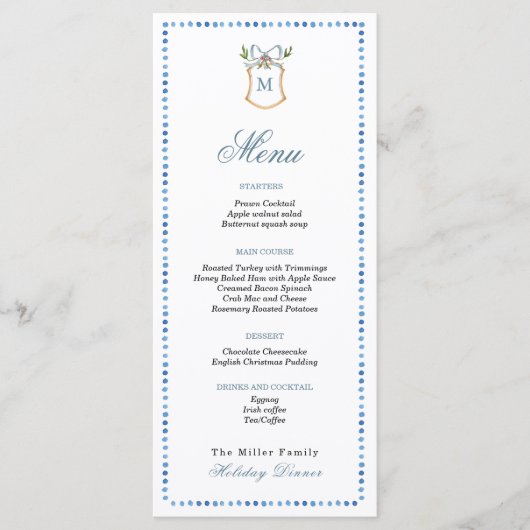 Crest met monogram Blauwe & Witte Vakantie Menu (Voorkant)
