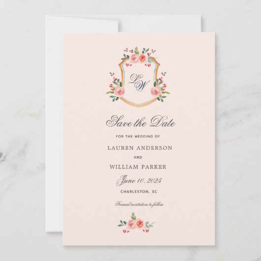 Crest met monogram floral Save the Date Kaart (Voorkant)