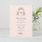 Crest met monogram floral Save the Date Kaart (Staand voorkant)