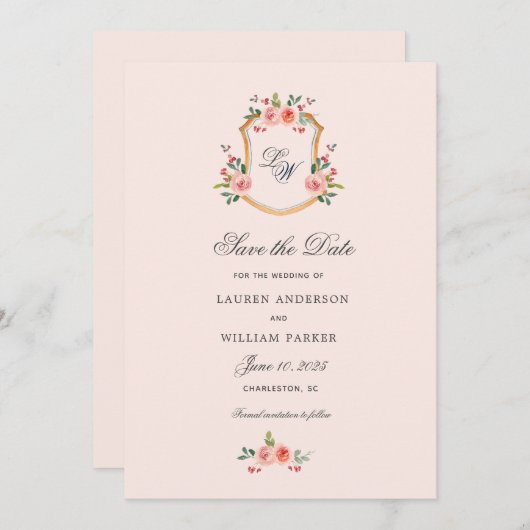Crest met monogram floral Save the Date Kaart (Voorkant / Achterkant)