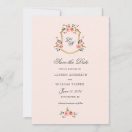 Crest met monogram floral Save the Date Kaart