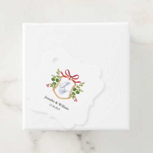 Crest met wintergroen monogrammed bruiloft bedankjes labels (In situ)