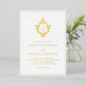Crest Monogram 2 Initialen Elegante Trouw Goud Folie Uitnodiging (Staand Voorkant)