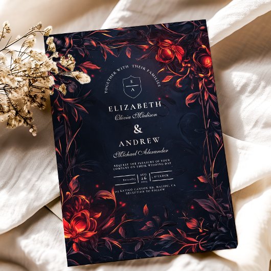 Crest Monogram Art Nouveau Bloemenbruiloft Kaart