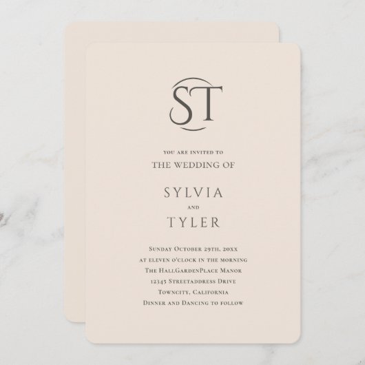 Crest Monogram Beige Typografie Bruiloft Kaart (Voorkant / Achterkant)