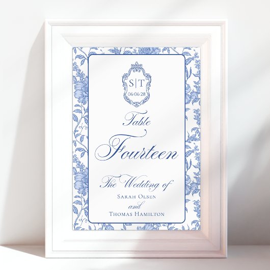 Crest Monogram Blauw Bloemend Script Veertien Kaart