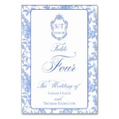 Crest Monogram Blauw Bloemend Script Vier Kaart (Voorkant)