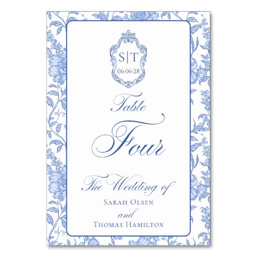 Crest Monogram Blauw Bloemend Script Vier Kaart (Voorkant)