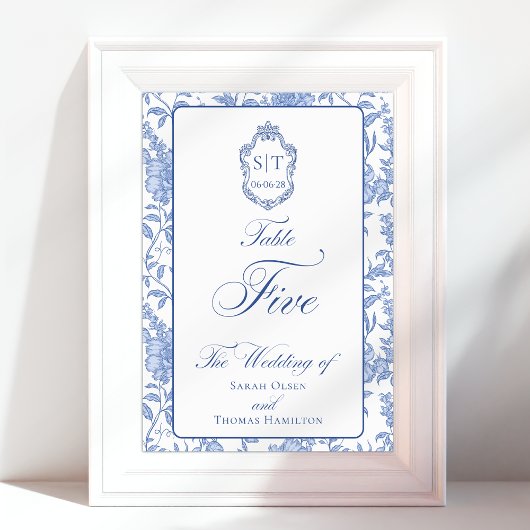 Crest Monogram Blauw Bloemend Script Vijf Kaart