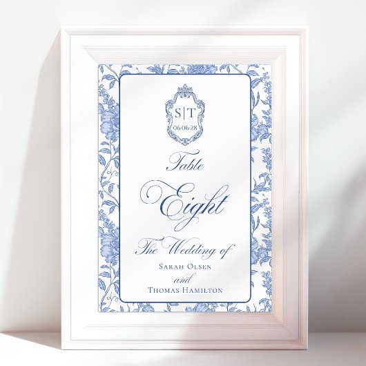 Crest Monogram Blauw Bloemschrift Acht Kaart