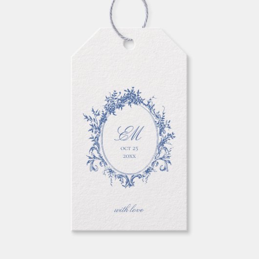 Crest Monogram Blauw Chinoiserie Trouwlogo Cadeaulabel (Voorkant)