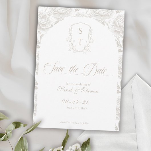 Crest Monogram Bleke Taupe Script Save The Date