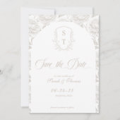 Crest Monogram Bleke Taupe Script Save The Date (Voorkant)