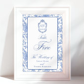 Crest Monogram Blue Floral Script Five Kaart