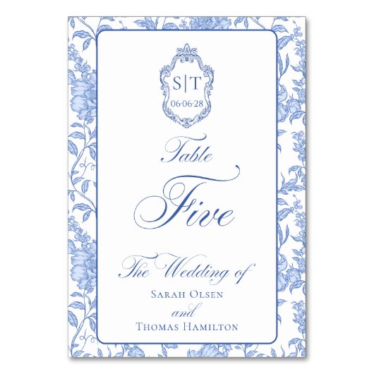 Crest Monogram Blue Floral Script Five Kaart (Voorkant)