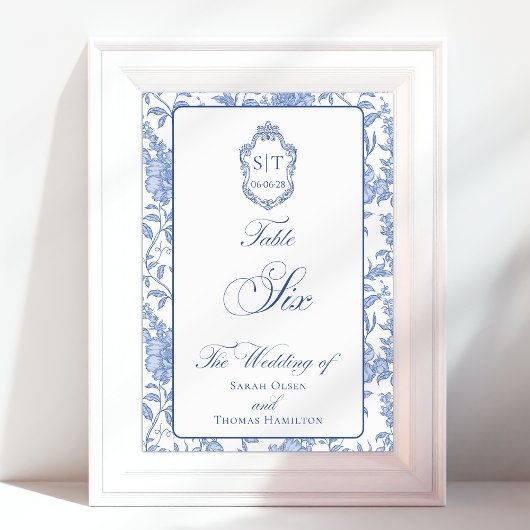 Crest Monogram Blue Floral Script Six Kaart