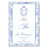 Crest Monogram Blue Floral Script Six Kaart (Voorkant)