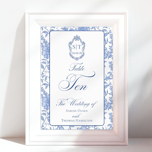 Crest Monogram Blue Floral Script TEN Kaart