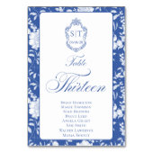 Crest Monogram Blue Floral Script Thirteen 8 Names Kaart (Voorkant)
