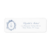Crest Monogram Blue Wedding Retouradres Etiket (Voorkant)