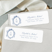 Crest Monogram Blue Wedding Retouradres Etiket