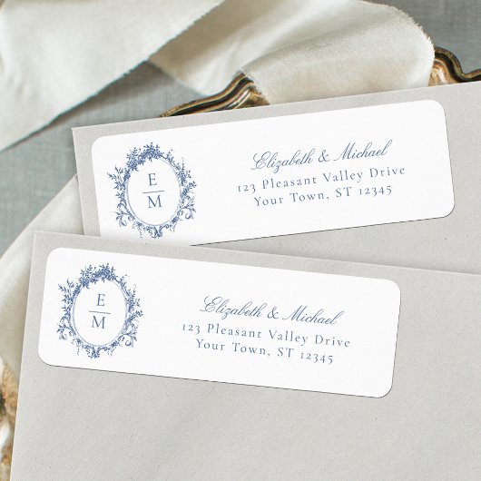 Crest Monogram Blue Wedding Retouradres Etiket