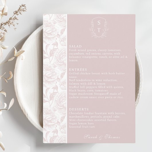 Crest Monogram Blush Pink Wedding Menu Kaart