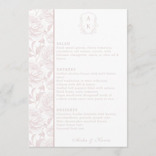 Crest Monogram Blush Pink Wedding Menu Kaart (Voorkant)