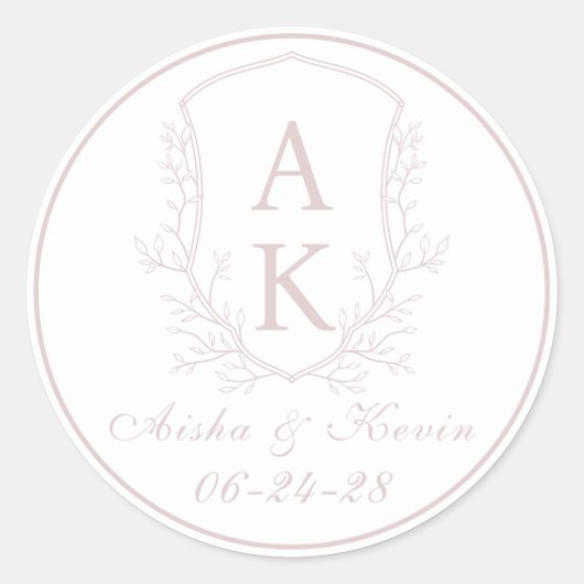 Crest Monogram Blush Pink Wedding Ronde Sticker (Voorkant)