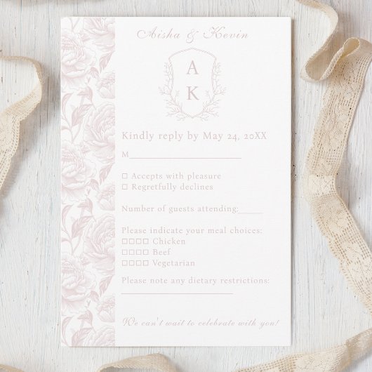 Crest Monogram Blush Pink Wedding RSVP Kaartje