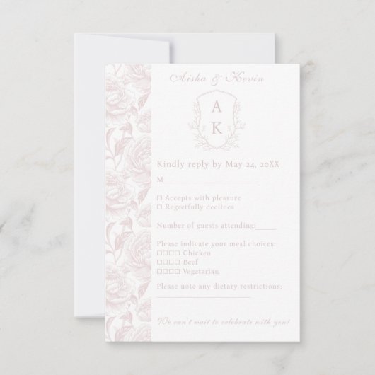 Crest Monogram Blush Pink Wedding RSVP Kaartje (Voorkant)
