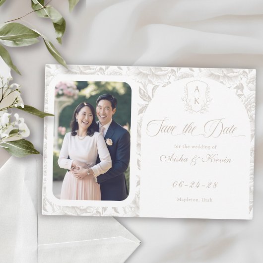 Crest Monogram Bord Taupe Script Foto Save The Date