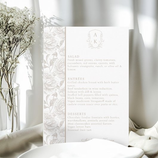 Crest Monogram Bord Taupe Wedding Menu Kaart