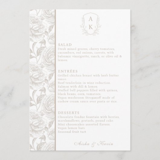 Crest Monogram Bord Taupe Wedding Menu Kaart (Voorkant)