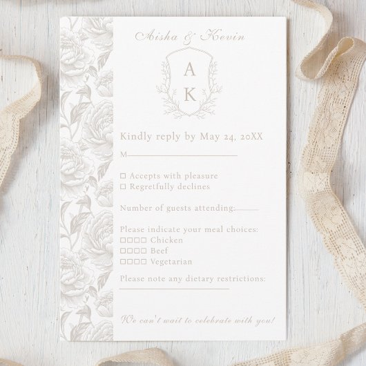 Crest Monogram Bord Taupe Wedding RSVP Kaartje
