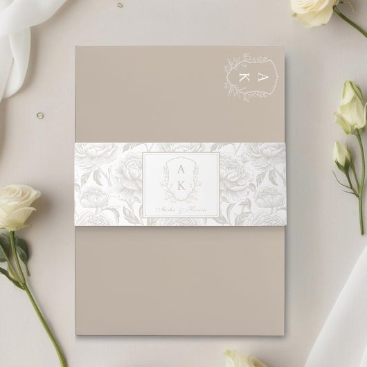 Crest Monogram Bord Taupe Wedding Uitnodigingen Wikkel
