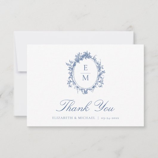  Crest Monogram Botanisch Blauw Huwelijk Bedankkaart (Voorkant)