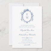 Crest Monogram Botanisch Blauw Huwelijk Kaart (Voorkant)