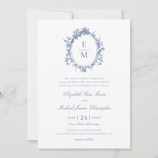  Crest Monogram Botanisch Blauw Huwelijk Kaart (Voorkant)
