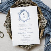  Crest Monogram Botanisch Blauw Huwelijk Kaart