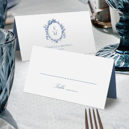 Crest Monogram Botanisch Blauw Huwelijk Plaatskaartje