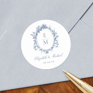 Crest Monogram Botanisch Blauw Huwelijk Ronde Sticker